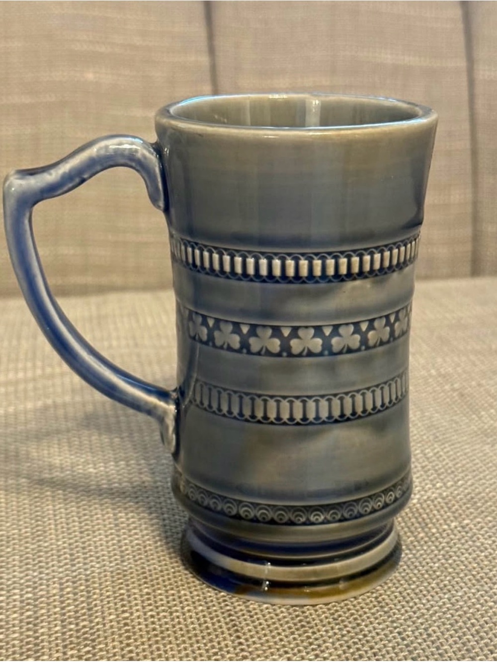 Irish Porcelain Decorative Clover Mug with Patterned Bands - Blue/Gray